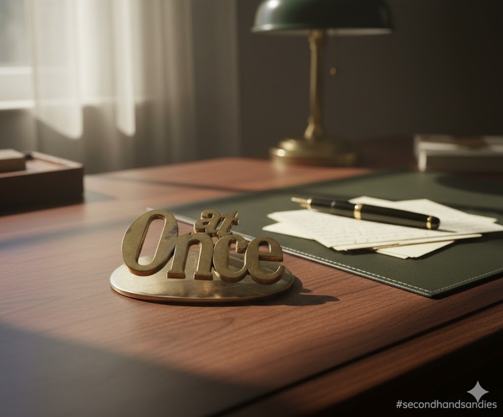 Vintage "At Once" Brass Paperclip Desk Paperweight Organizer MCM Office Decor
